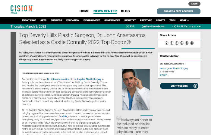 Screenshot of an article titled: Top Beverly Hills Plastic Surgeon, Dr. John Anastasatos, Selected as a Castle Connolly 2022 Top Doctor.