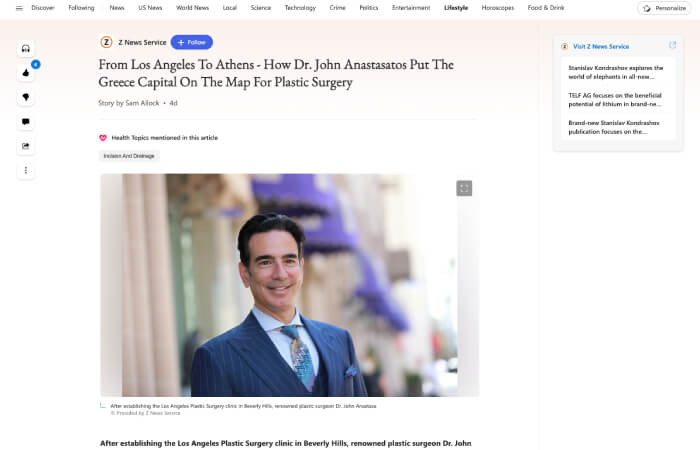 Screenshot of an article titled: From Los Angeles To Athens - How Dr. John Anastasatos Put The Greece Capital On The Map For Plastic Surgery