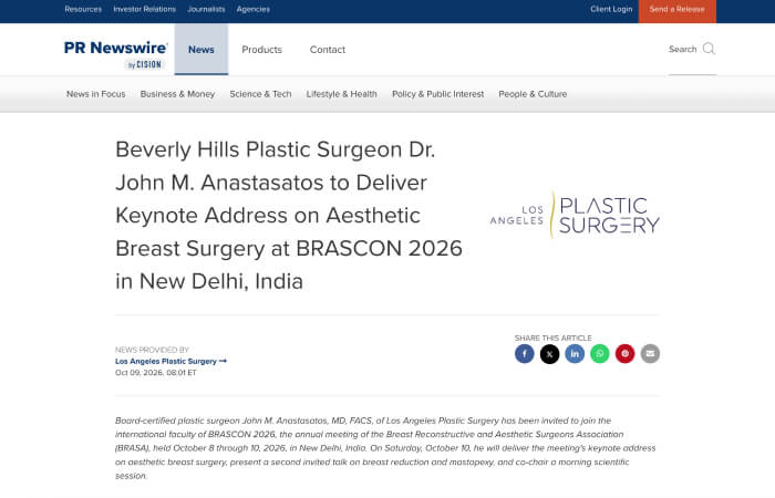 PR Newswire headline announcing Dr. John M. Anastasatos will deliver a keynote address at BRASCON 2026 in New Delhi, an event hosting 60 international experts.